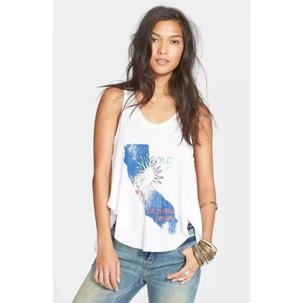 Free People Monroe Waffle Knit California Graphic Pleated Flowing Top XS
